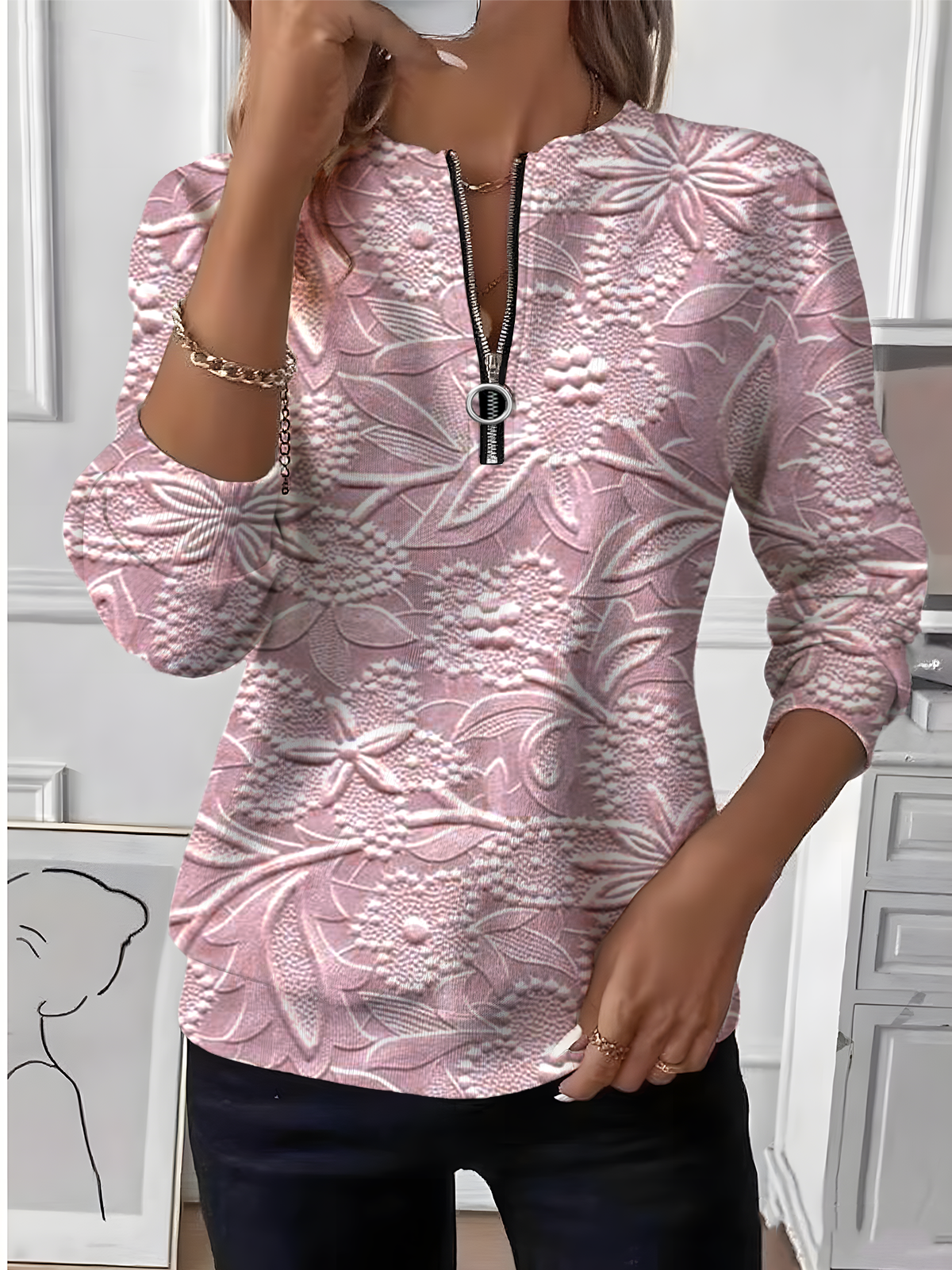 Women's Artistic Floral Design Everyday Long Sleeve Center Front Zip Sweatshirt