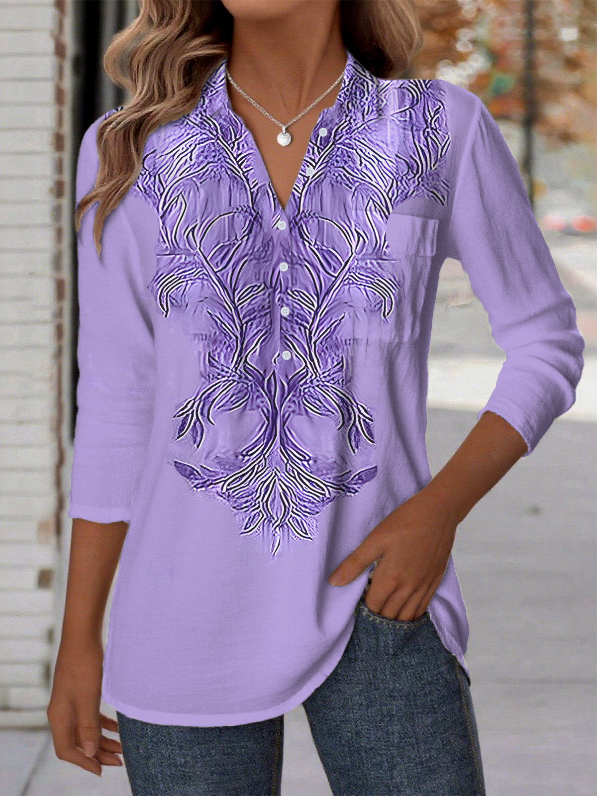 Women's Printed Pattern Patch Pocket Long Sleeve Shirt Regular Top