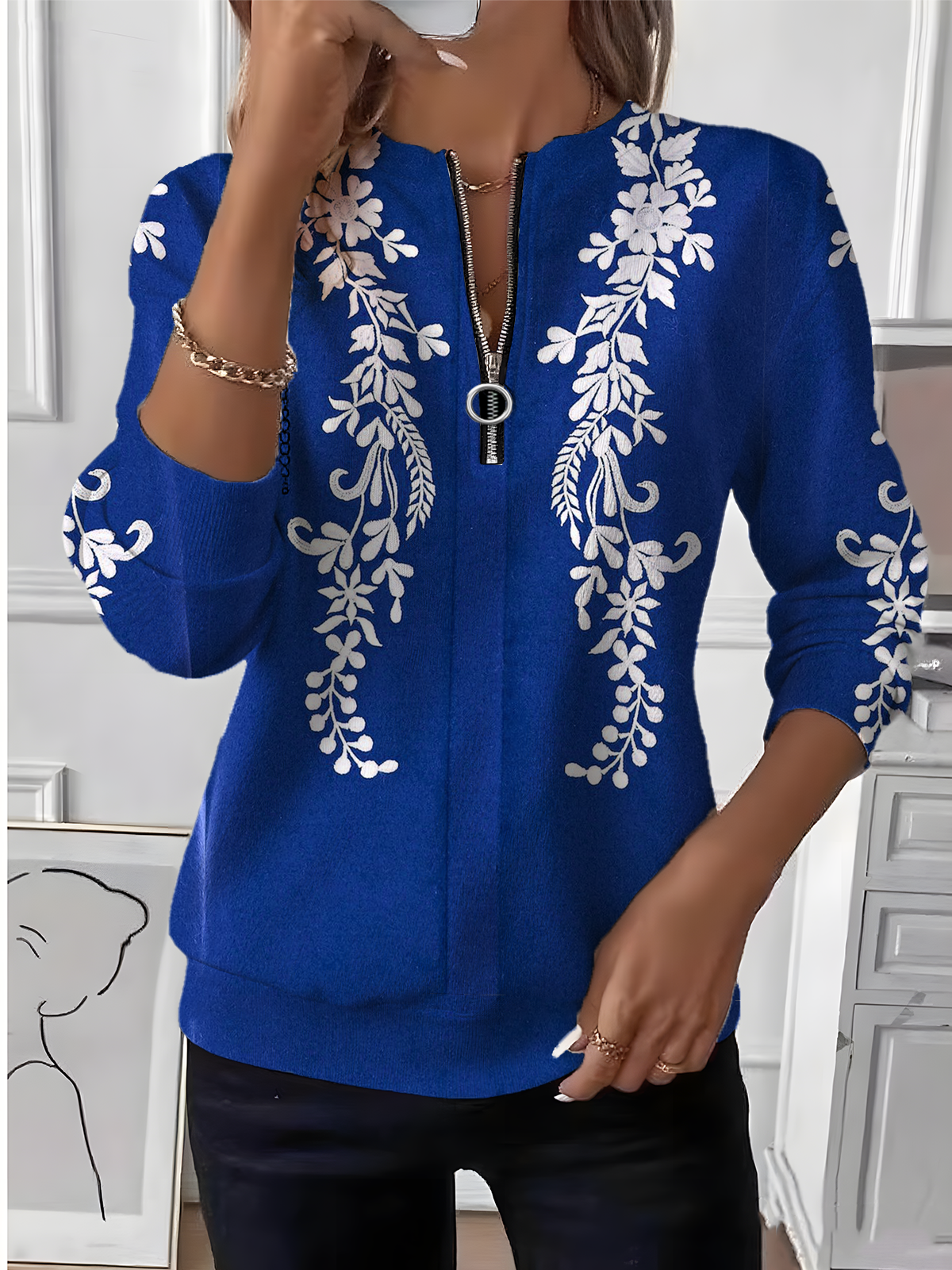 Women's Retro Art Lace Floral Pattern Long Sleeve Center Front Zipper Sweatshirt