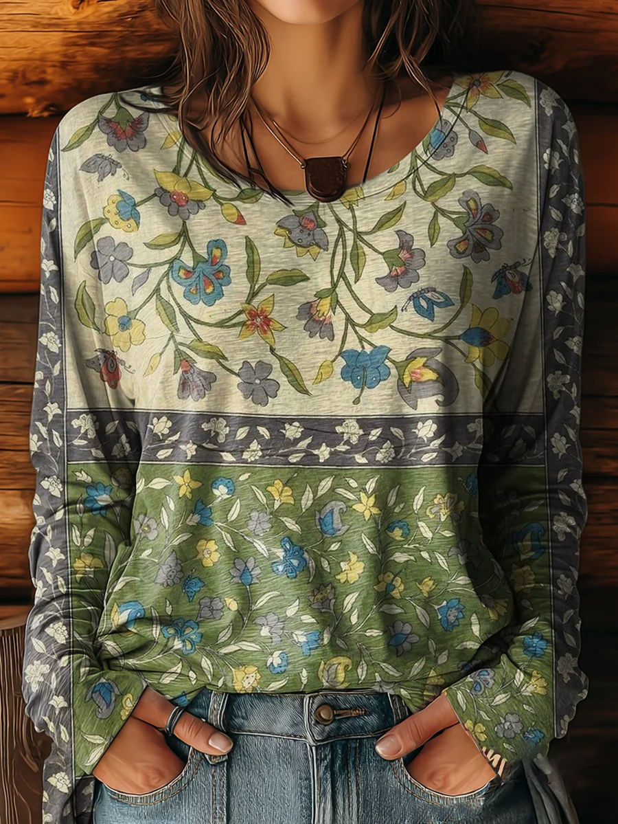 Women's Long Sleeve T-shirt Spring/Fall Green Floral Printing Jersey Crew Neck Daily Going Out Casual Top