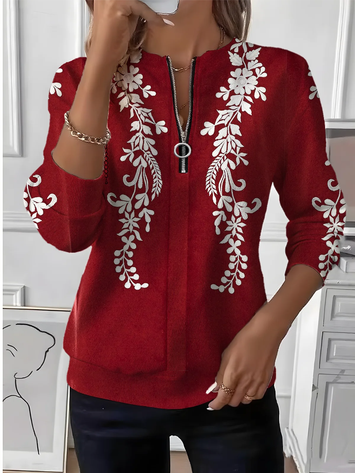 Women's Retro Art Lace Floral Pattern Long Sleeve Center Front Zipper Sweatshirt
