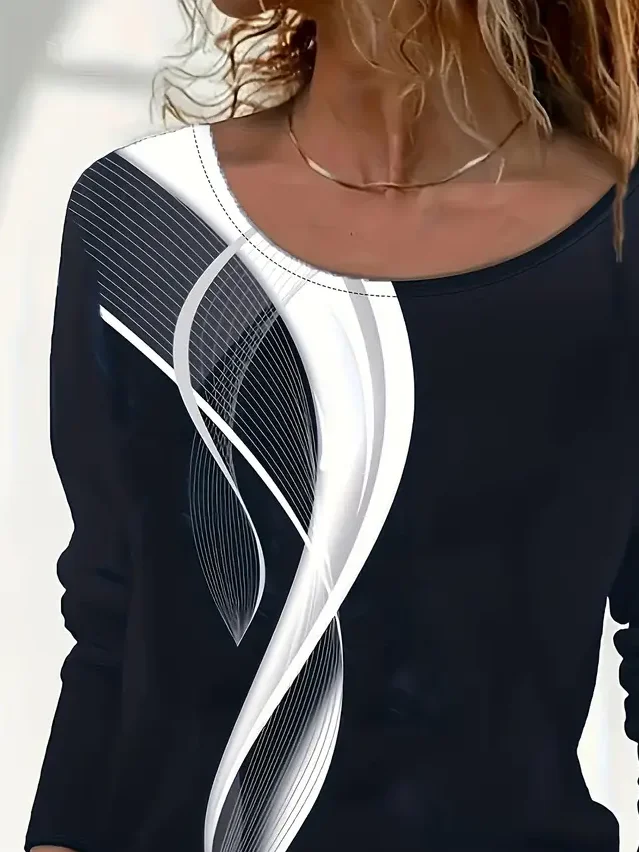 Women's Long Sleeve T-shirt Spring/Fall Black Abstract Printing Jersey Crew Neck Daily Going Out Casual Top