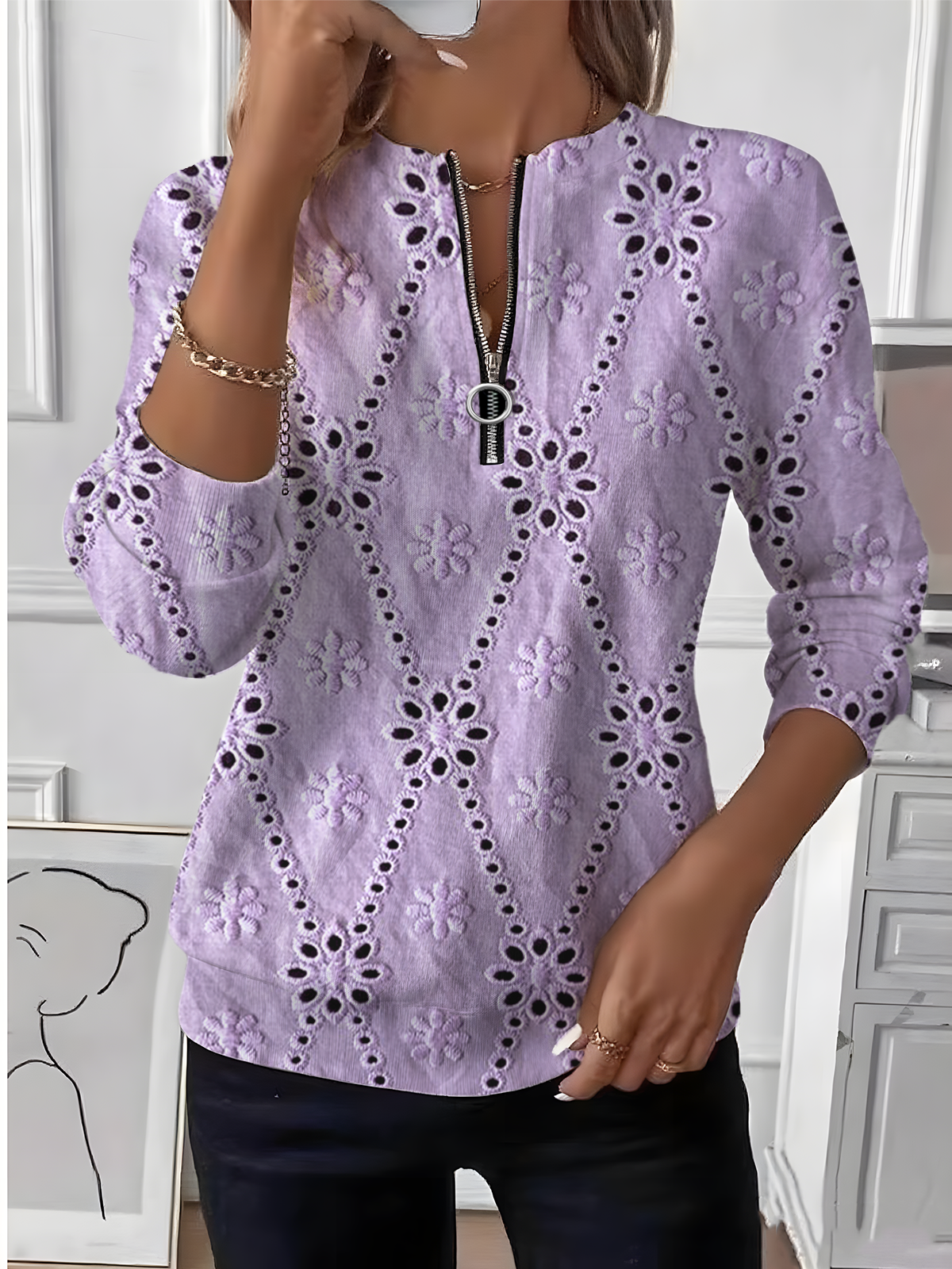 Women's Geometric Long Sleeve Center Front Zip Sweatshirt