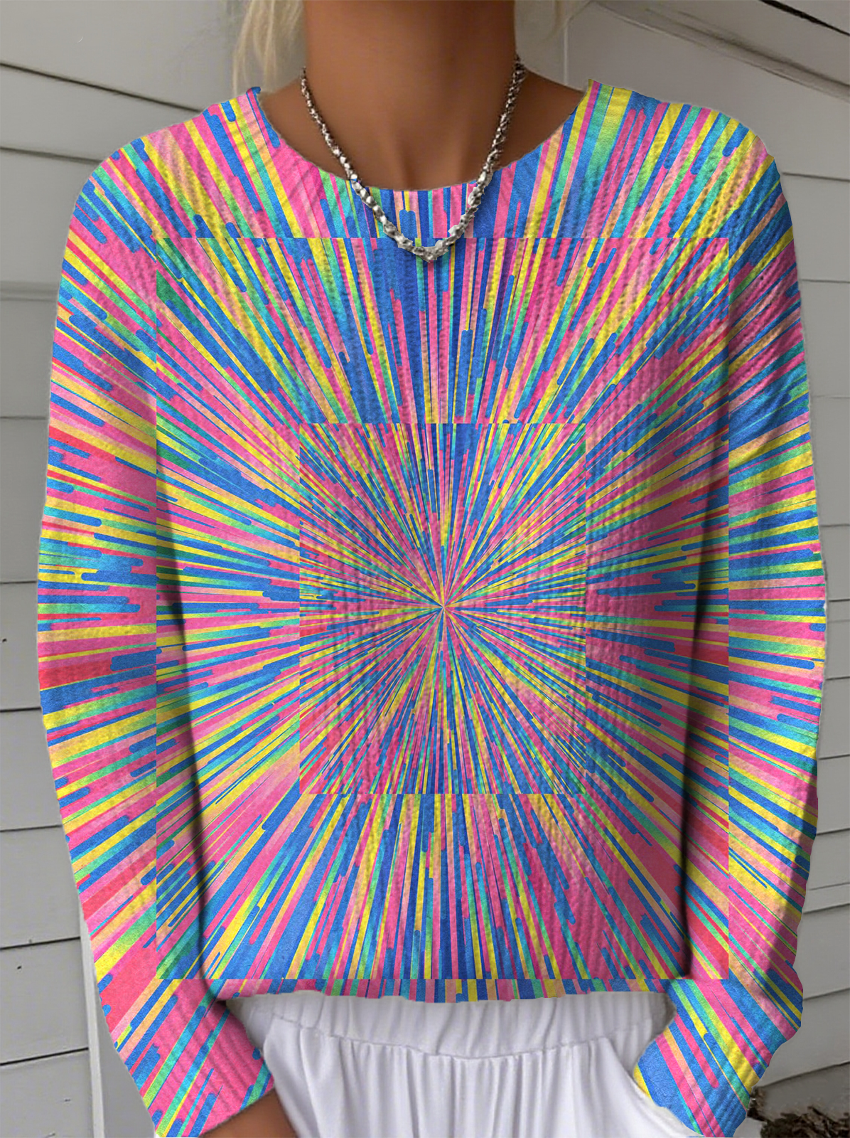 Women's Line Pattern Crew Neck Sweater Casual Comfort Regular Pullover Sweatshirt