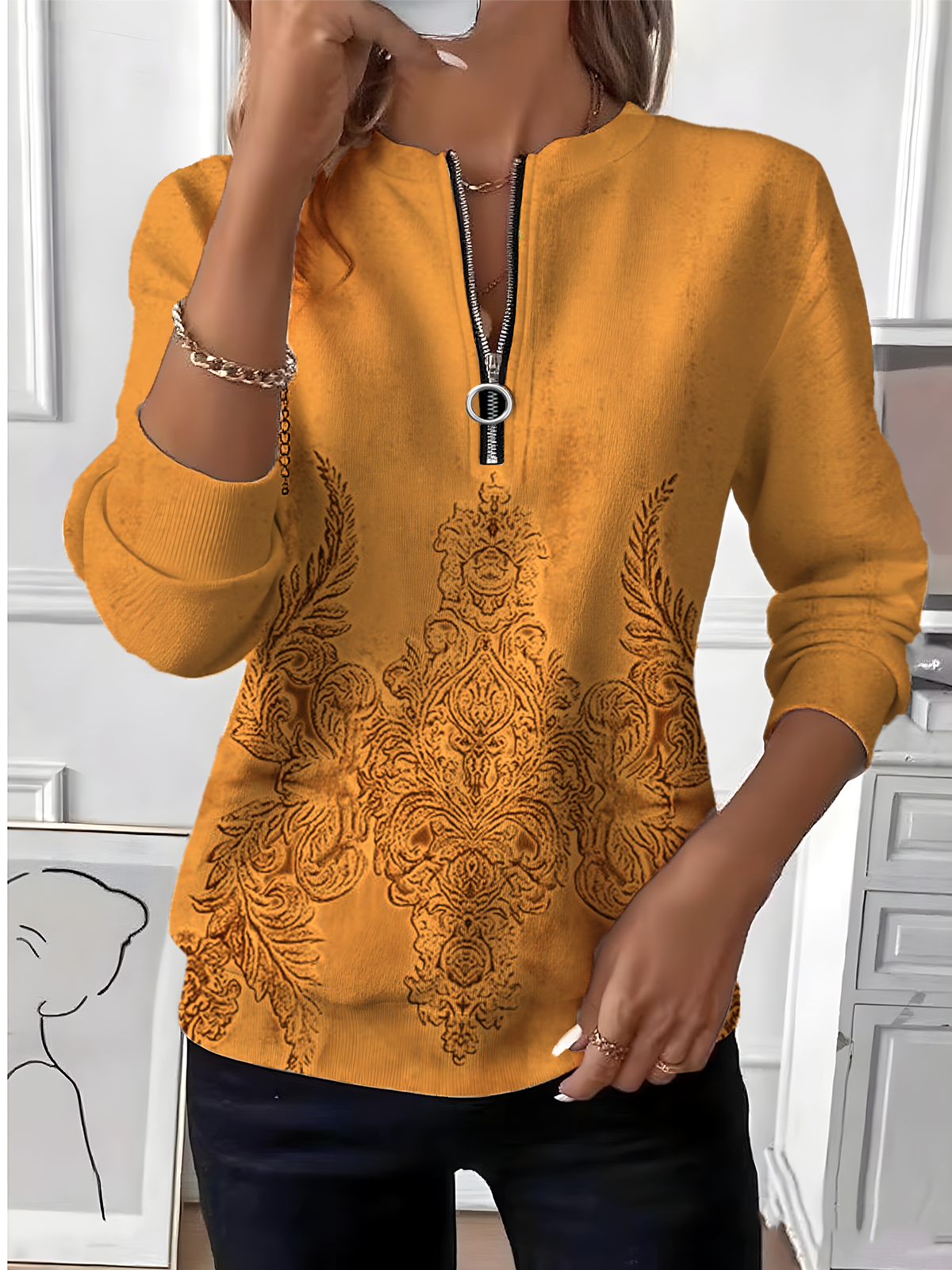 Women's Retro Art Print Long Sleeve Center Front Zip Sweatshirt