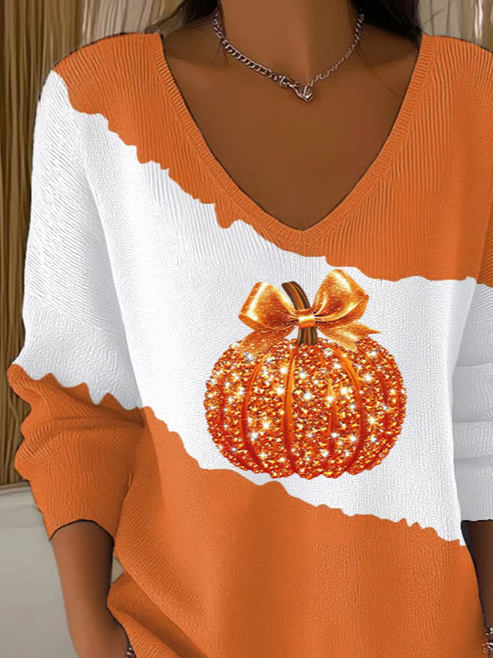 Women's Long Sleeve T-shirt Spring/Fall Orange Halloween (pumpkin) Printing V Neck Daily Going Out Casual Top
