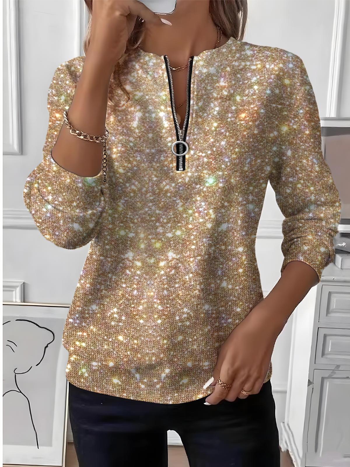 Women's Party Sequin Pattern Long Sleeve Center Front Zip Sweatshirt