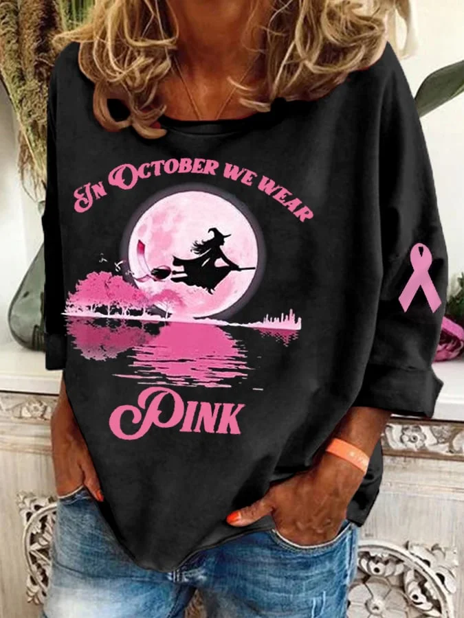 Women's October Halloween Pink Ghost Breast Cancer Awareness Warrior Crew Neck Long Sleeve Top