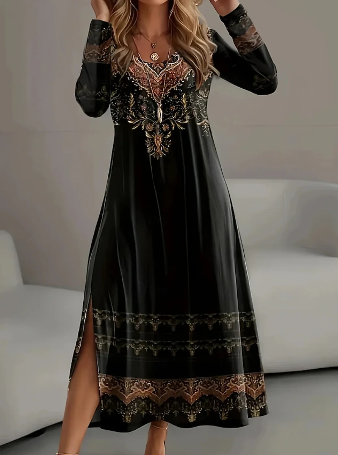 Women's Ethnic Geometric Pattern Long-Sleeved Round Neck Dress