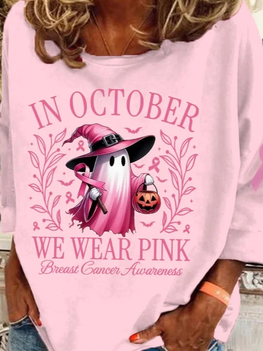 Women's October Halloween Pink Ghost Breast Cancer Awareness Warrior Crew Neck Long Sleeve Top
