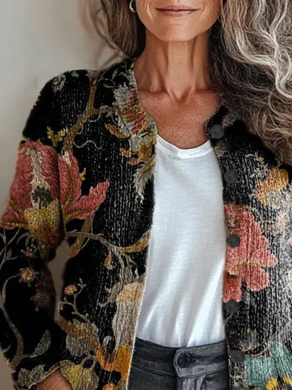 Vintage Floral Printing Regular Fit Cardigan