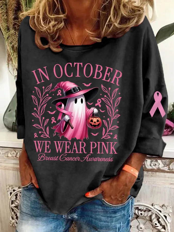 Women's October Halloween Pink Ghost Breast Cancer Awareness Warrior Crew Neck Long Sleeve Top