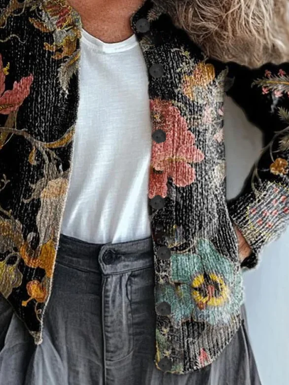 Vintage Floral Printing Regular Fit Cardigan