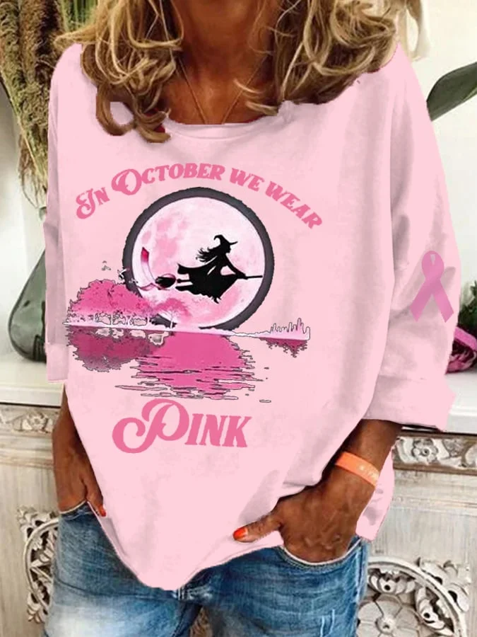 Women's October Halloween Pink Ghost Breast Cancer Awareness Warrior Crew Neck Long Sleeve Top