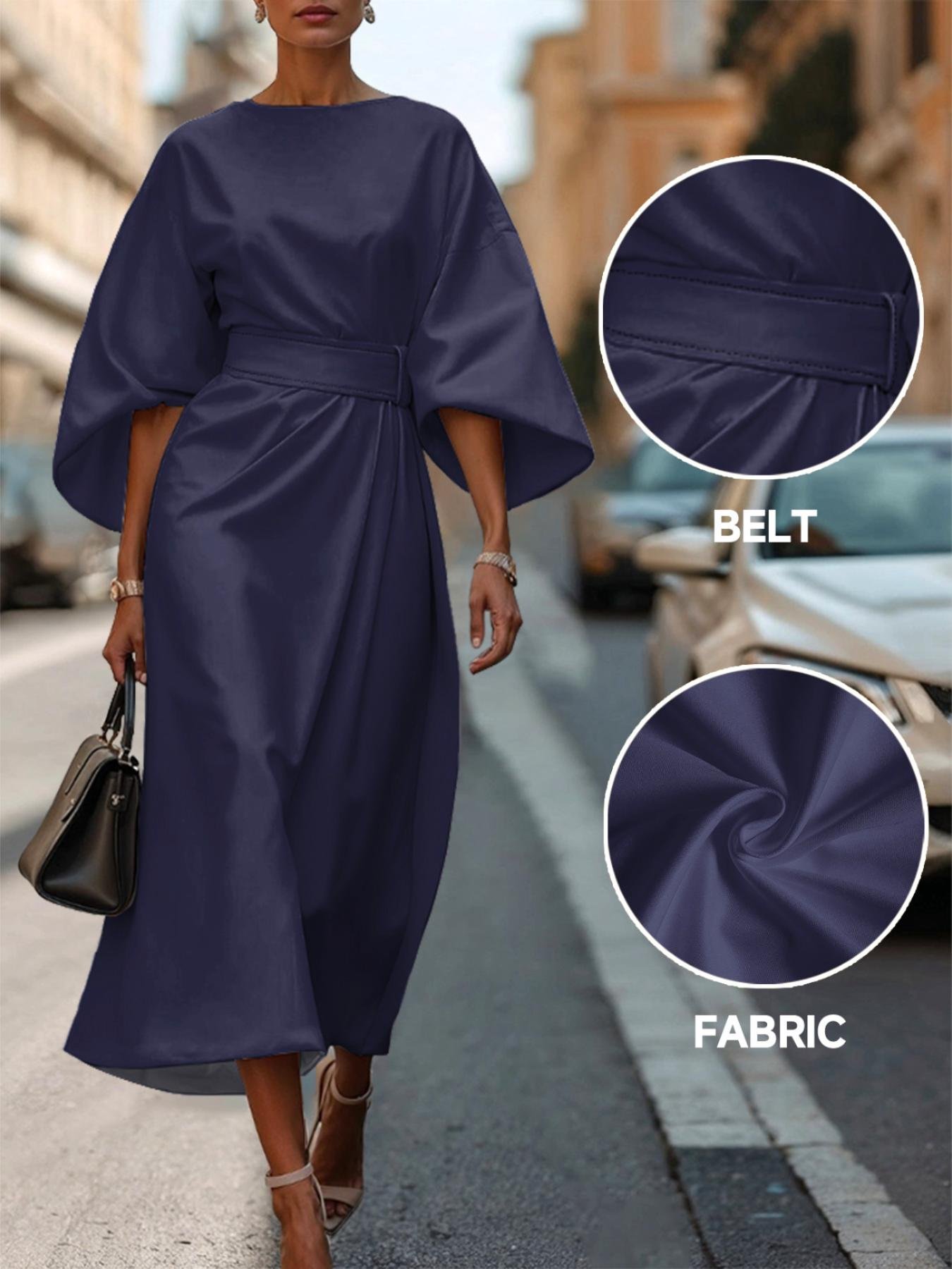 Regular Fit Dolman Sleeve Street Crew Neck Dress With Belt