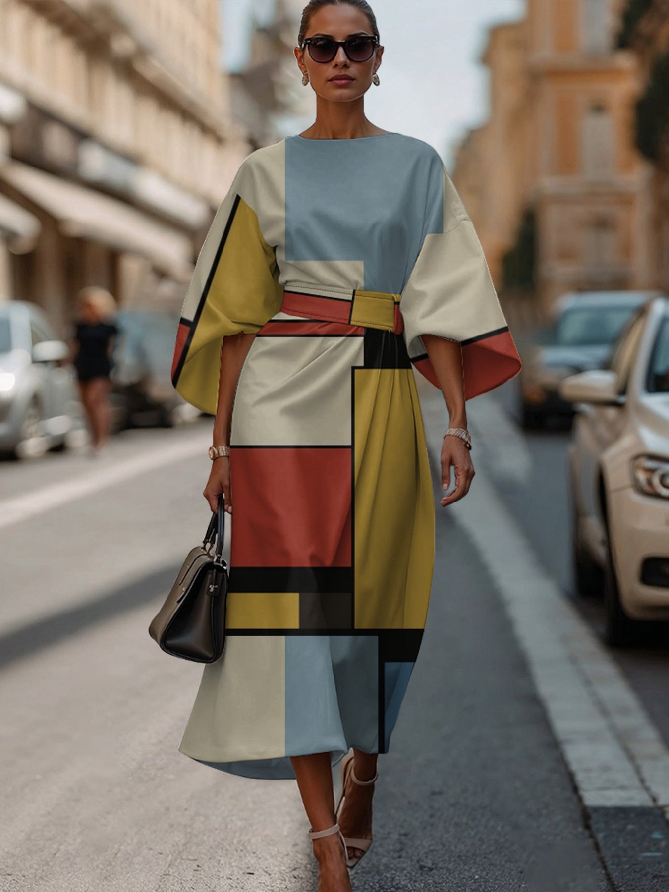 Dolman Sleeve Crew Neck Gradient Pattern Vintage Dress With Belt