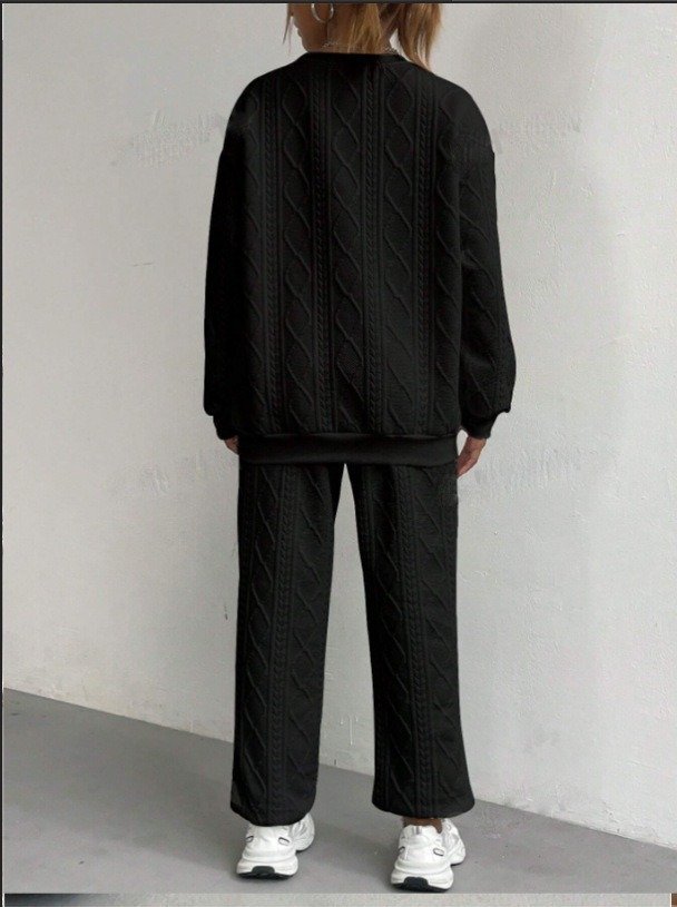 Women's Autumn And Winter Fashion Ribbed Jacquard Trousers Casual Two-Piece Sweatshirt Trousers