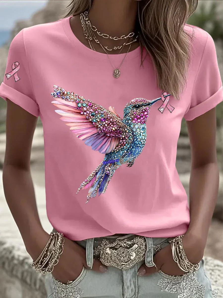 Women's Breast Cancer Hummingbird Ribbon Print Casual T-shirt