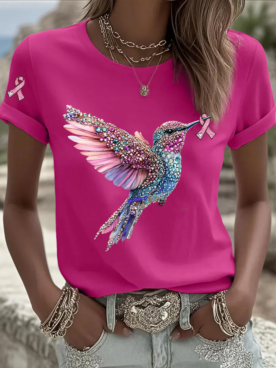 Women's Breast Cancer Hummingbird Ribbon Print Casual T-shirt
