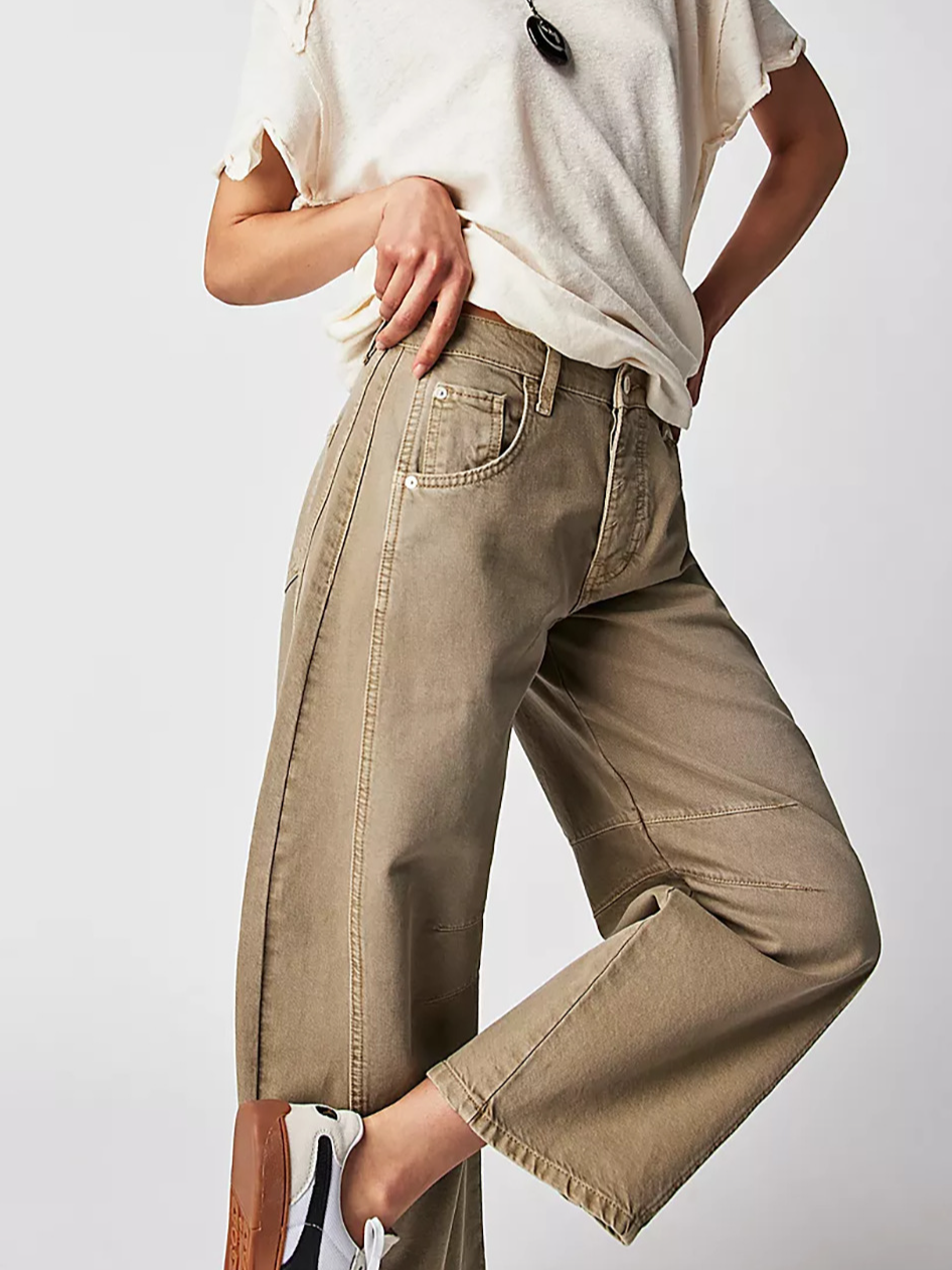 Buckle Cotton Loose Casual Women's Loose Wide Leg Pants Mid-low Rise Washed Scimitar Pants Jeans