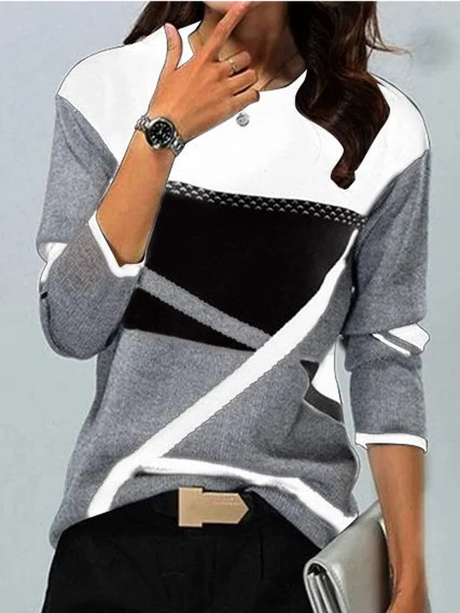 Women's Geometric Cashmere Blend Contrast Color Positioning Print Round Neck Long Sleeve T-Shirt