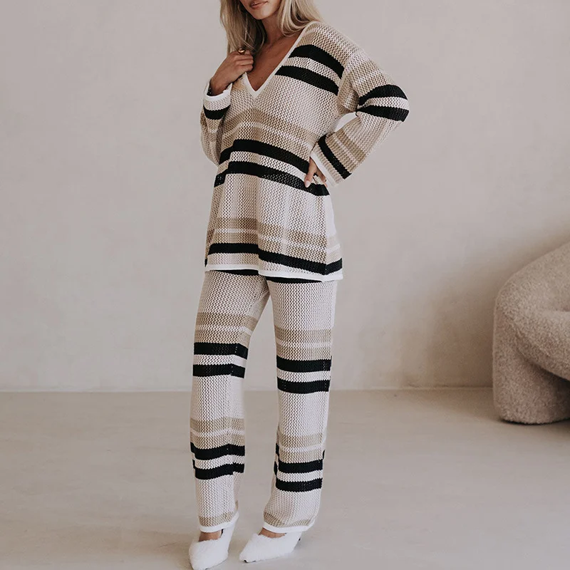 V Neck Color Block Casual Regular Fit Two-Piece Set