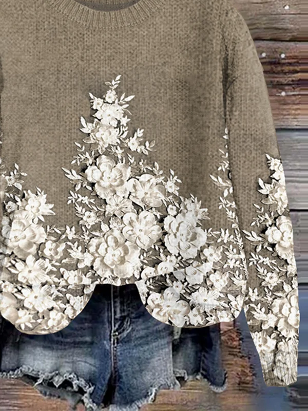Casual Floral Regular Fit Crew Neck Sweater