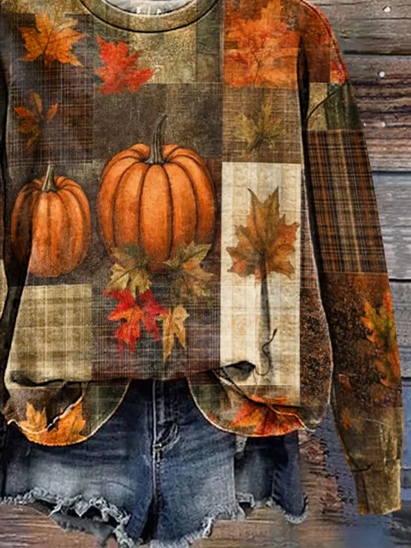 Women's Halloween Maple Leaf Autumn Print Round Neck Long Sleeve Sweatshirt