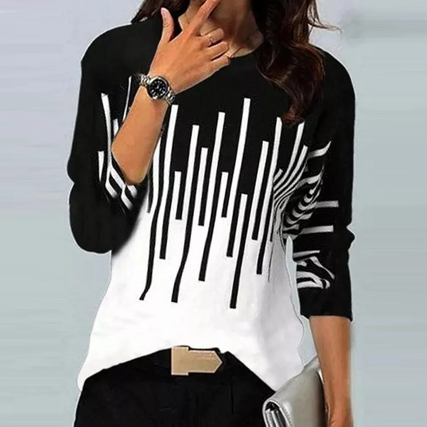 Women's Geometric Cashmere Blend Contrast Color Positioning Print Round Neck Long Sleeve T-Shirt