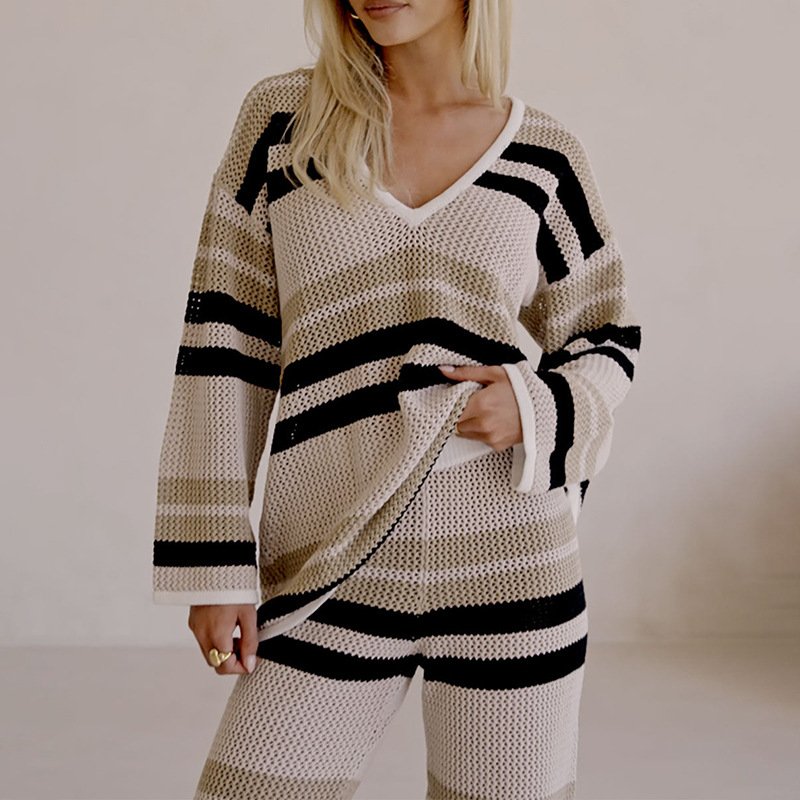 V Neck Color Block Casual Regular Fit Two-Piece Set