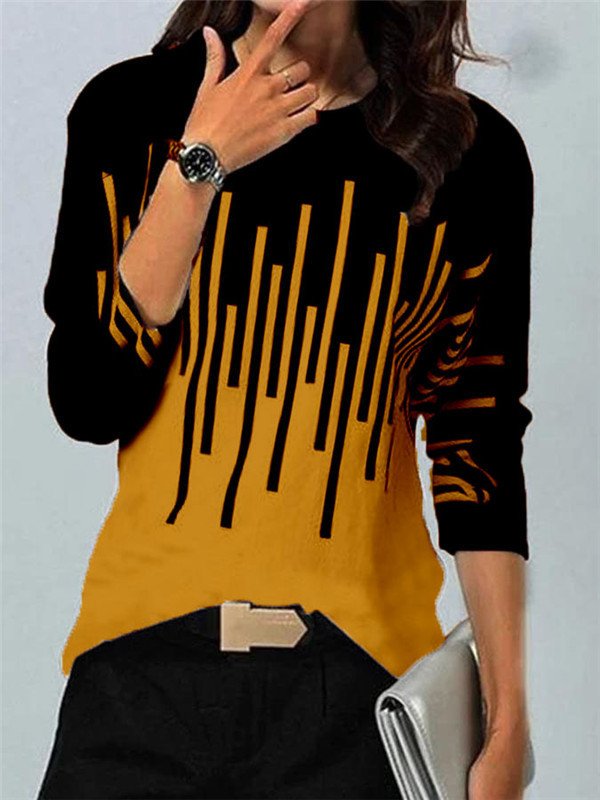 Women's Geometric Cashmere Blend Contrast Color Positioning Print Round Neck Long Sleeve T-Shirt