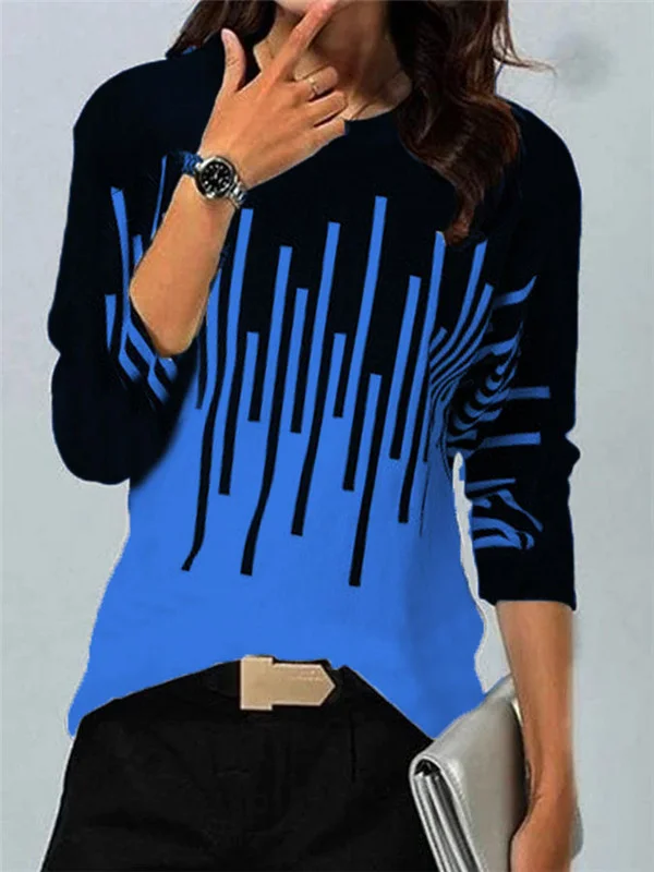 Women's Geometric Cashmere Blend Contrast Color Positioning Print Round Neck Long Sleeve T-Shirt
