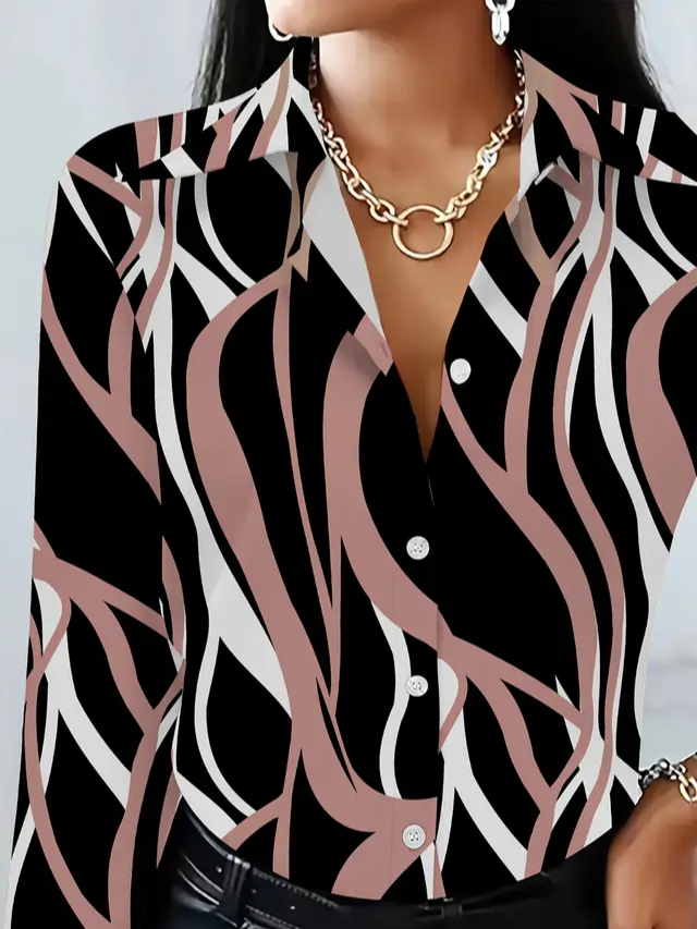Women's Long Sleeve Shirt Spring/Fall Black Abstract Buckle Shirt Collar Regular Sleeve Daily Going Out Casual Top