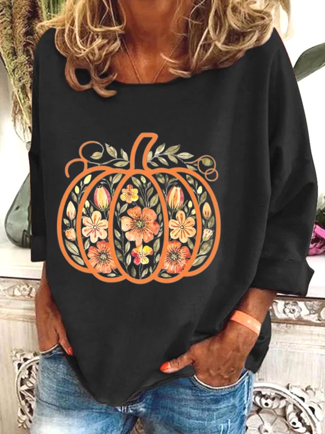 Women's Long Sleeve T-shirt Spring/Fall Black Floral Printing Crew Neck Holiday Going Out Casual Top