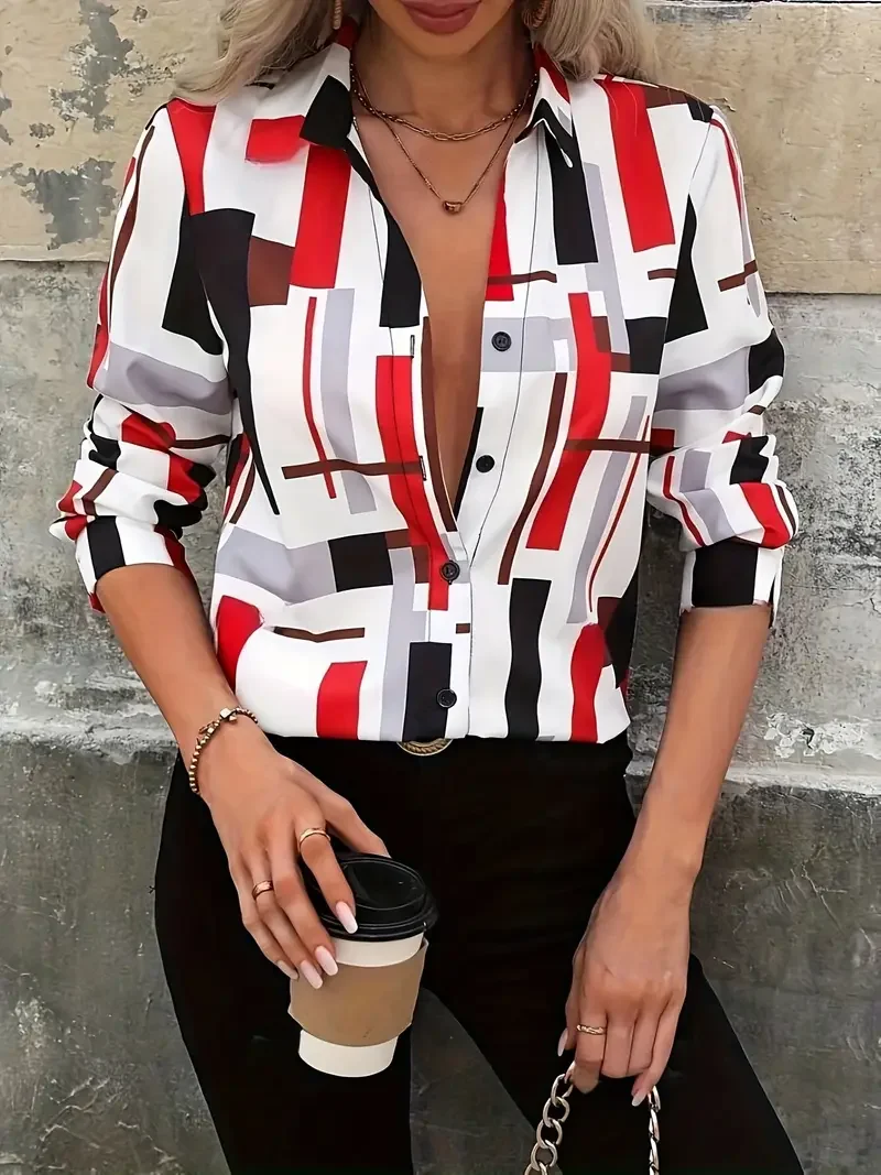 Women's Long Sleeve Shirt Spring/Fall As Picture Abstract Buckle Shirt Collar Regular Sleeve Daily Going Out Casual Top
