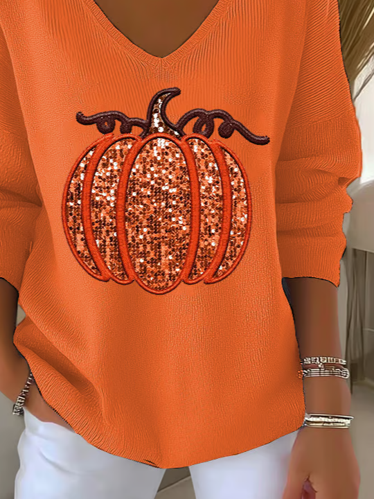 Women's Long Sleeve T-shirt Spring/Fall Orange Halloween (pumpkin) Printing V Neck Daily Going Out Casual Top