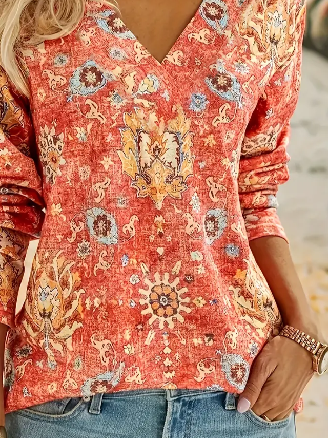 Women's Long Sleeve T-shirt Spring/Fall Orange Ethnic Printing Jersey V Neck Daily Going Out Casual Top