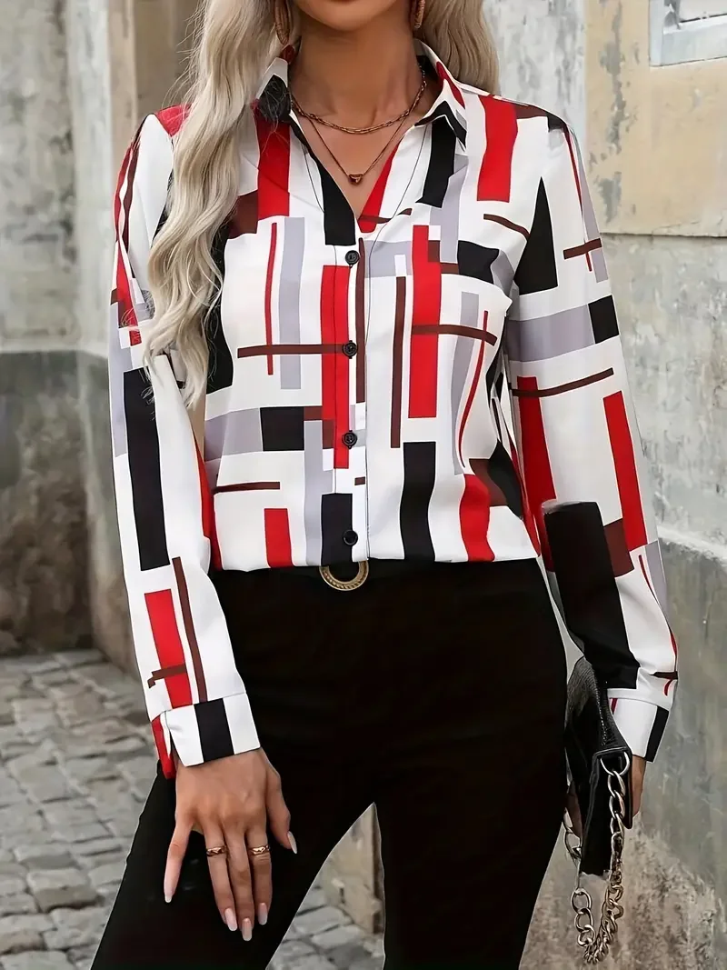 Women's Long Sleeve Shirt Spring/Fall As Picture Abstract Buckle Shirt Collar Regular Sleeve Daily Going Out Casual Top