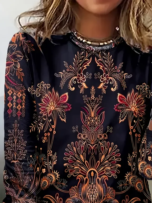 Women's Long Sleeve T-shirt Spring/Fall Black Floral Printing Jersey Crew Neck Daily Going Out Casual Top