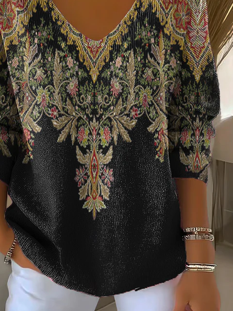 Women's Long Sleeve T-shirt Spring/Fall Black Floral Printing V Neck Daily Going Out Casual Top