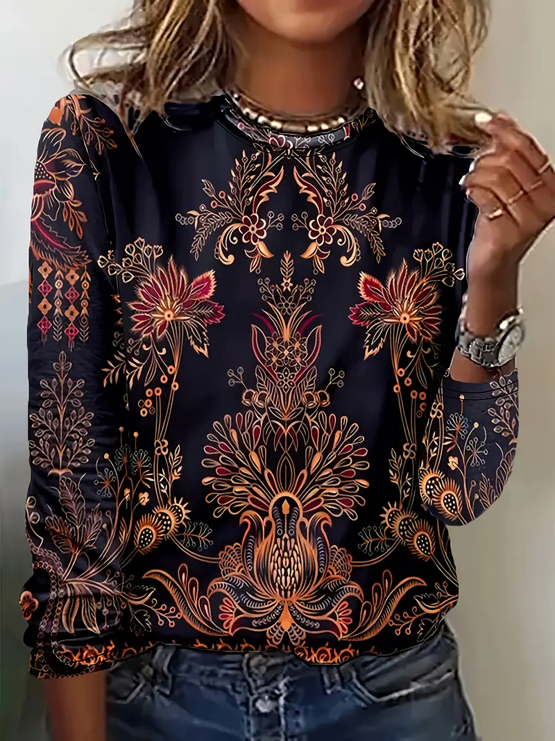 Women's Long Sleeve T-shirt Spring/Fall Black Floral Printing Jersey Crew Neck Daily Going Out Casual Top