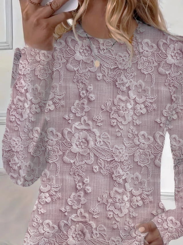 Women's Long Sleeve T-shirt Spring/Fall Pink Floral Printing Jersey Crew Neck Daily Going Out Casual Top