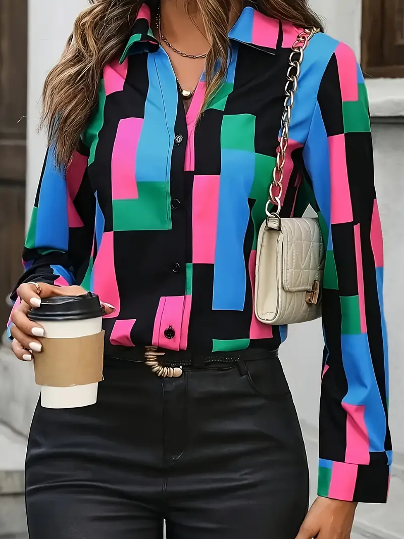 Women's Long Sleeve Shirt Spring/Fall As Picture Abstract Buckle Shirt Collar Regular Sleeve Daily Going Out Casual Top