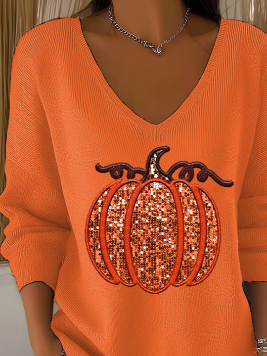 Women's Long Sleeve T-shirt Spring/Fall Orange Halloween (pumpkin) Printing V Neck Daily Going Out Casual Top