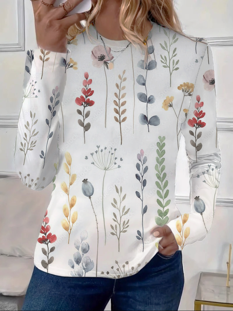 Women's Long Sleeve T-shirt Spring/Fall White Floral Printing Jersey Crew Neck Daily Going Out Casual Top