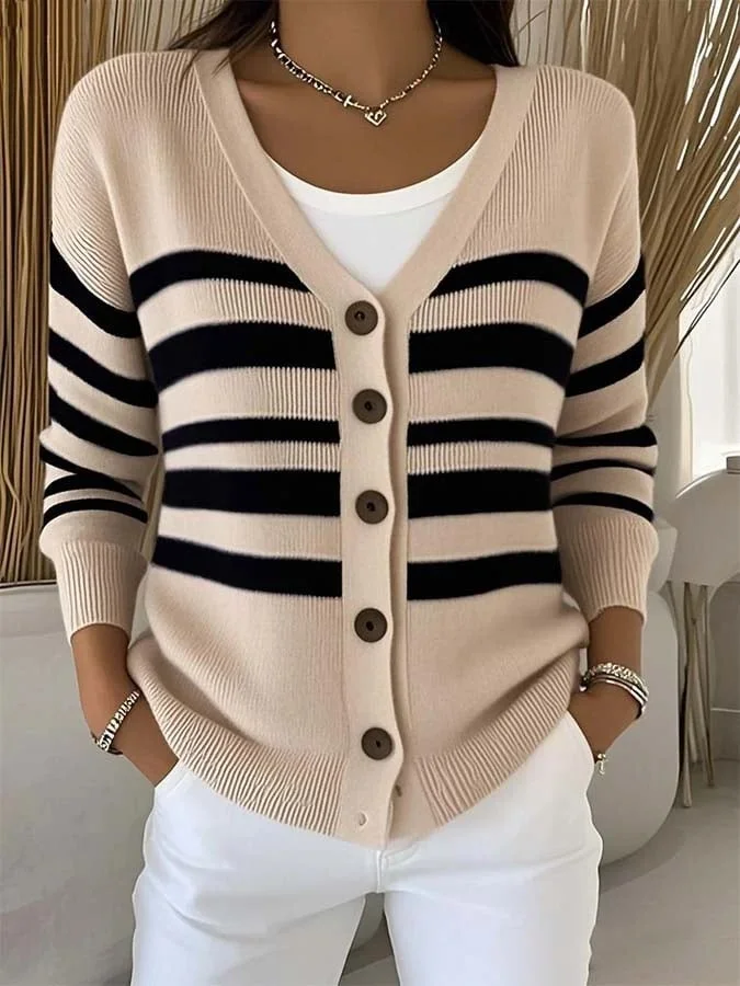 Vintage V Neck Loose Striped Cardigan