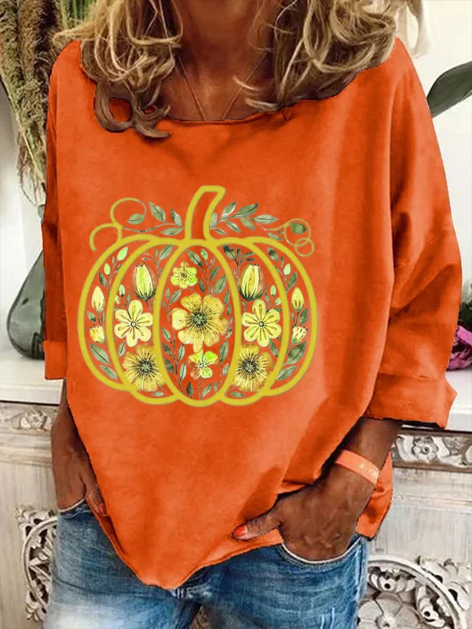 Women's Long Sleeve T-shirt Spring/Fall Black Floral Printing Crew Neck Holiday Going Out Casual Top