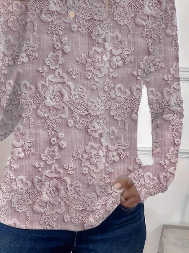 Women's Long Sleeve T-shirt Spring/Fall Pink Floral Printing Jersey Crew Neck Daily Going Out Casual Top