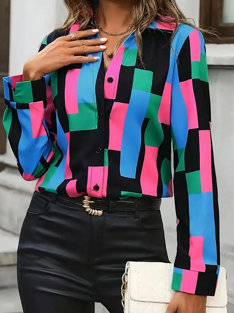 Women's Long Sleeve Shirt Spring/Fall As Picture Abstract Buckle Shirt Collar Regular Sleeve Daily Going Out Casual Top