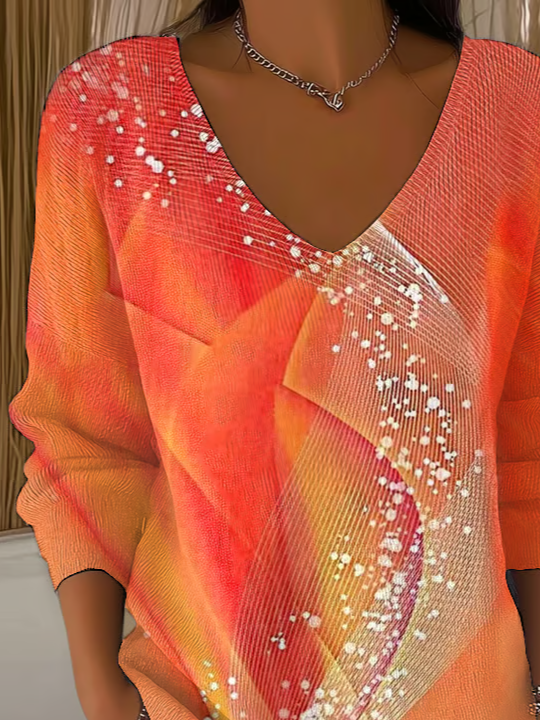 Women's Long Sleeve T-shirt Spring/Fall Orange Abstract Printing V Neck Daily Going Out Casual Top